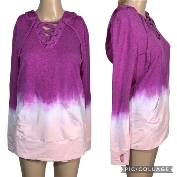 Ideology Womens Hoodie Sweatshirt Pullover Ombre Laced Bodice Long Sleeve Pink - Picture 1 of 15